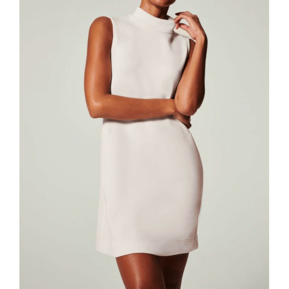 Spanx AirEssentials Mock Neck Dress Cloud Ivory Grey Soft High Sleeveless Shift